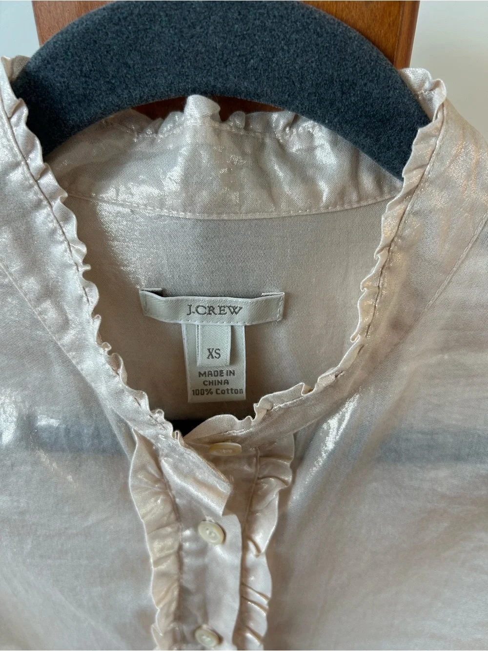 J. Crew Shimmery Champagne Ruffle-Trim Button-Down Top Size XS